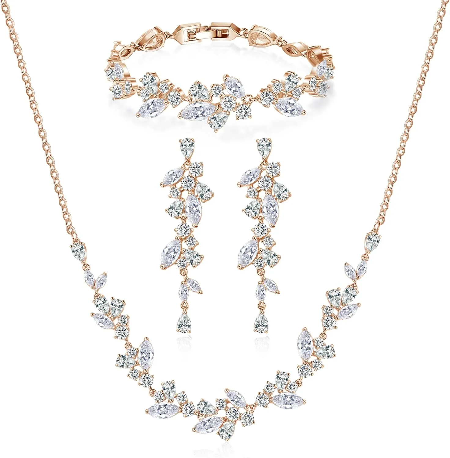 DHQH 3 Pack Cubic Zirconia Bridal Jewelry Sets for Wedding, Crystal Necklace Dangle Earring Bracelet Jewelry Sets for Women, Prom Costume Jewelry Gifts