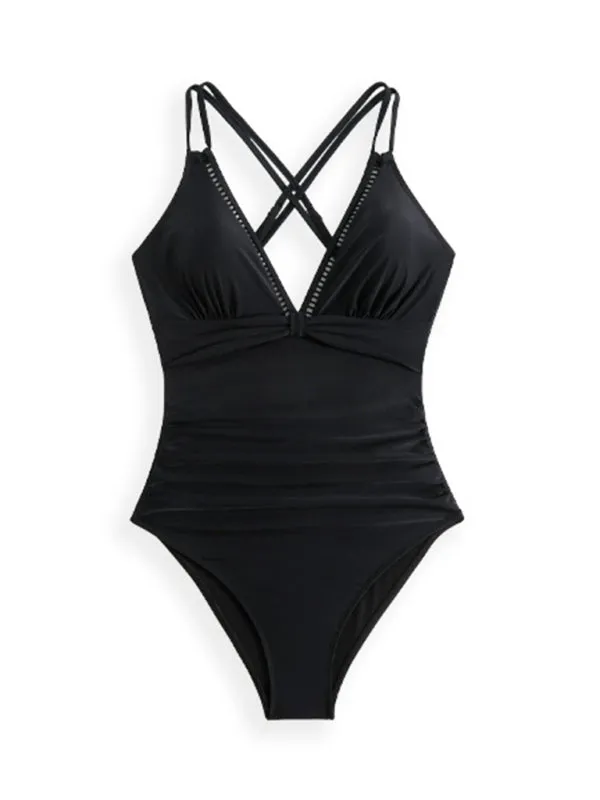 Double Strap Contrast V-Neck One-piece Swimsuit