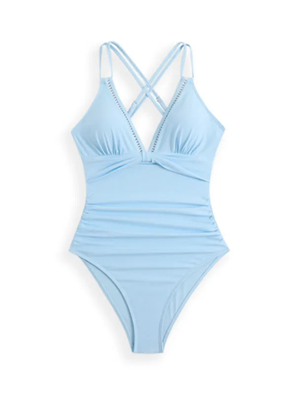 Double Strap Contrast V-Neck One-piece Swimsuit