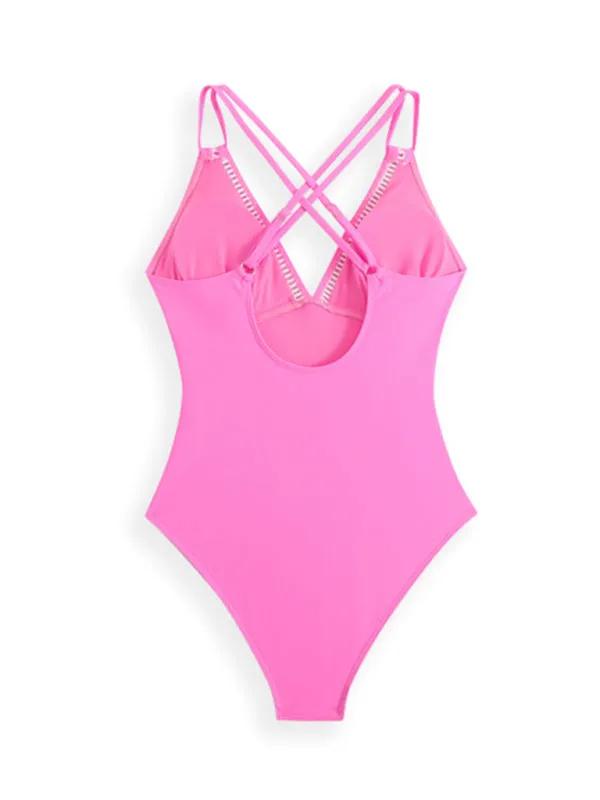 Double Strap Contrast V-Neck One-piece Swimsuit