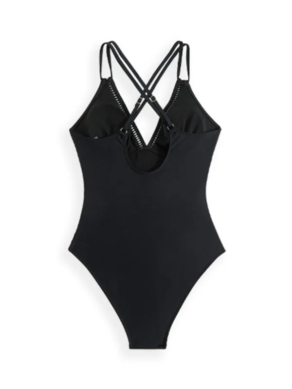 Double Strap Contrast V-Neck One-piece Swimsuit
