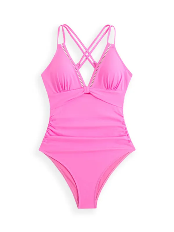Double Strap Contrast V-Neck One-piece Swimsuit