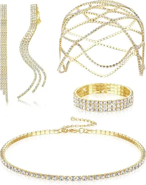 Drperfect Women Rhinestone Jewelry Set Flapper Cap Headpiece Head Jewelry Chains Stretch Bracelet Choker Necklace Dangle Fringe Earrings Silver Accessories for Wedding Jewelry