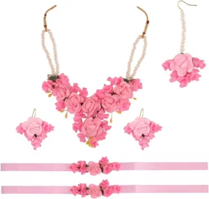 Efulgenz Floral Indian Jewelry Set Flower Floral Beaded Faux Pearl Necklace Earrings Maang Tikka Bracelet Set Jewelry for Haldi Mehandi Jewelry for Women