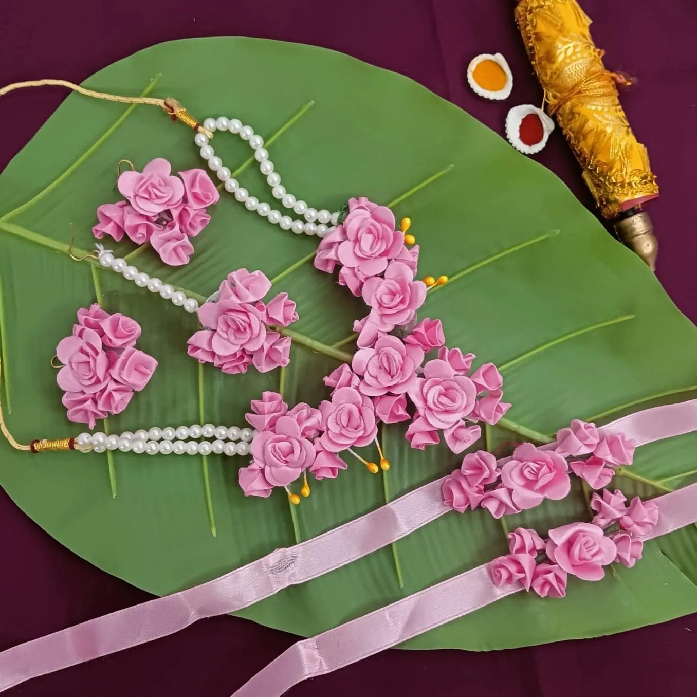 Efulgenz Floral Indian Jewelry Set Flower Floral Beaded Faux Pearl Necklace Earrings Maang Tikka Bracelet Set Jewelry for Haldi Mehandi Jewelry for Women