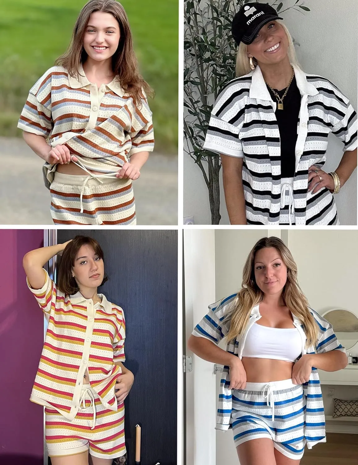 Ekouaer Lounge Sets for Women Crochet Striped 2 Piece Short Sets Short Sleeve Outfits Matching Sets Clothing Loungewear