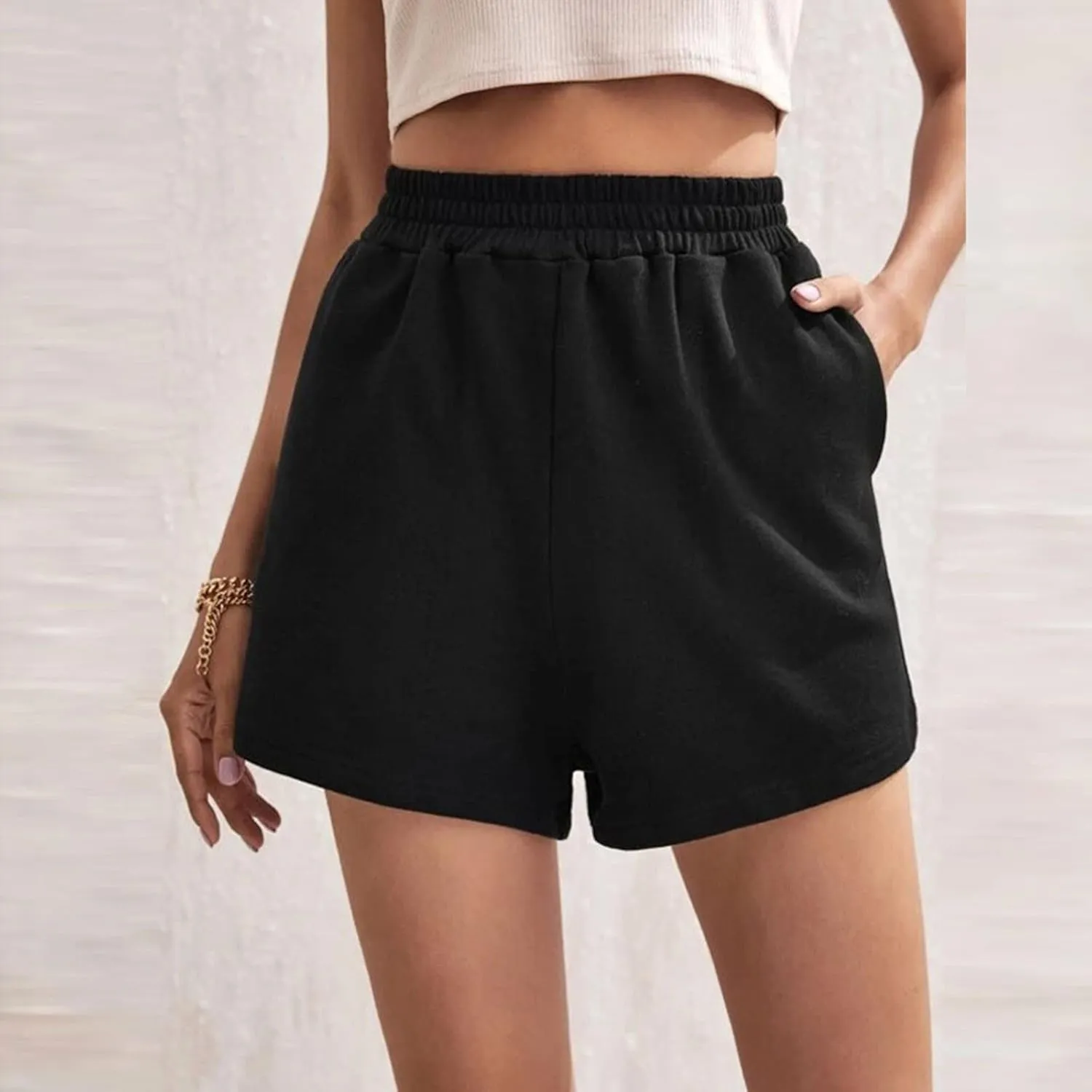 Elastic Waist Sports Shorts Women High Waisted Workout Shorts Wide Leg Sweat Shorts Loose Gym Shorts with Pockets