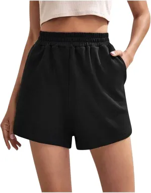Elastic Waist Sports Shorts Women High Waisted Workout Shorts Wide Leg Sweat Shorts Loose Gym Shorts with Pockets