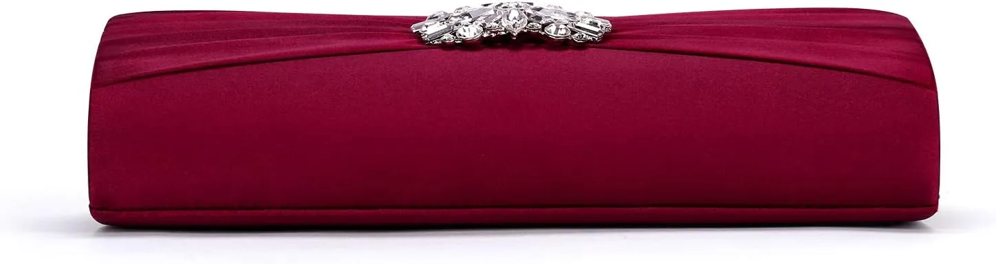 Evening Bags For Women Pleated Satin Rhinestone Brooch Prom Clutch Purse With Detachable Chain Strap