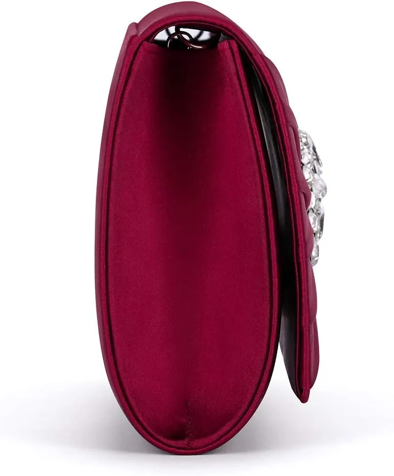 Evening Bags For Women Pleated Satin Rhinestone Brooch Prom Clutch Purse With Detachable Chain Strap