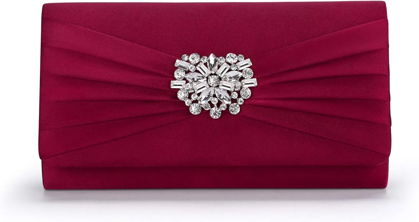 Evening Bags For Women Pleated Satin Rhinestone Brooch Prom Clutch Purse With Detachable Chain Strap