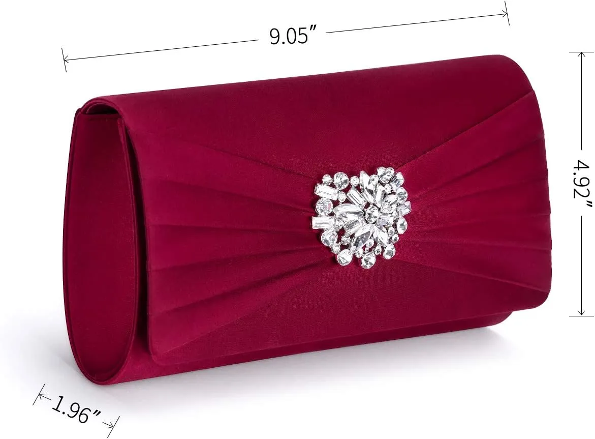 Evening Bags For Women Pleated Satin Rhinestone Brooch Prom Clutch Purse With Detachable Chain Strap