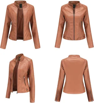 Faux Leather Jacket Women Slim Fit Full Zip Jacket Y2k Motorcycle Moto Biker Outwear Coat Stand-Up Style Solid Jacket