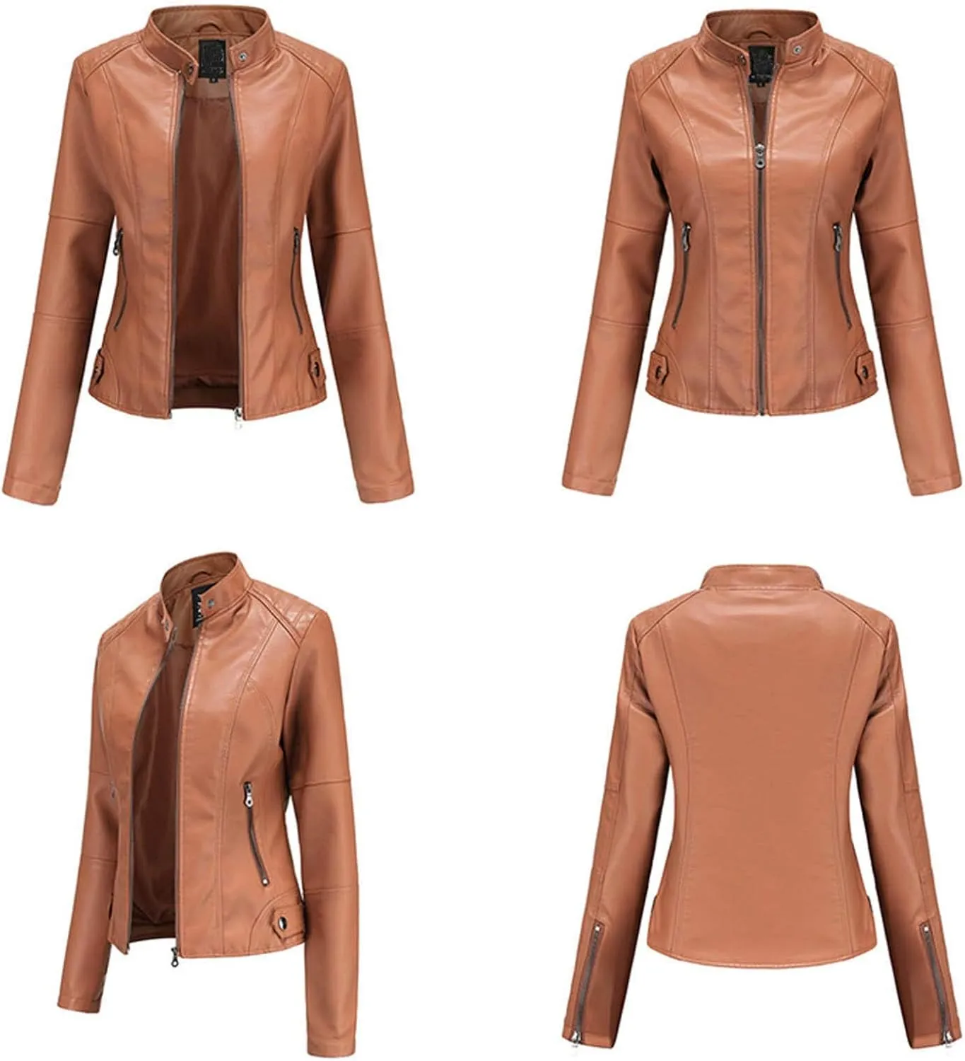 Faux Leather Jacket Women Slim Fit Full Zip Jacket Y2k Motorcycle Moto Biker Outwear Coat Stand-Up Style Solid Jacket