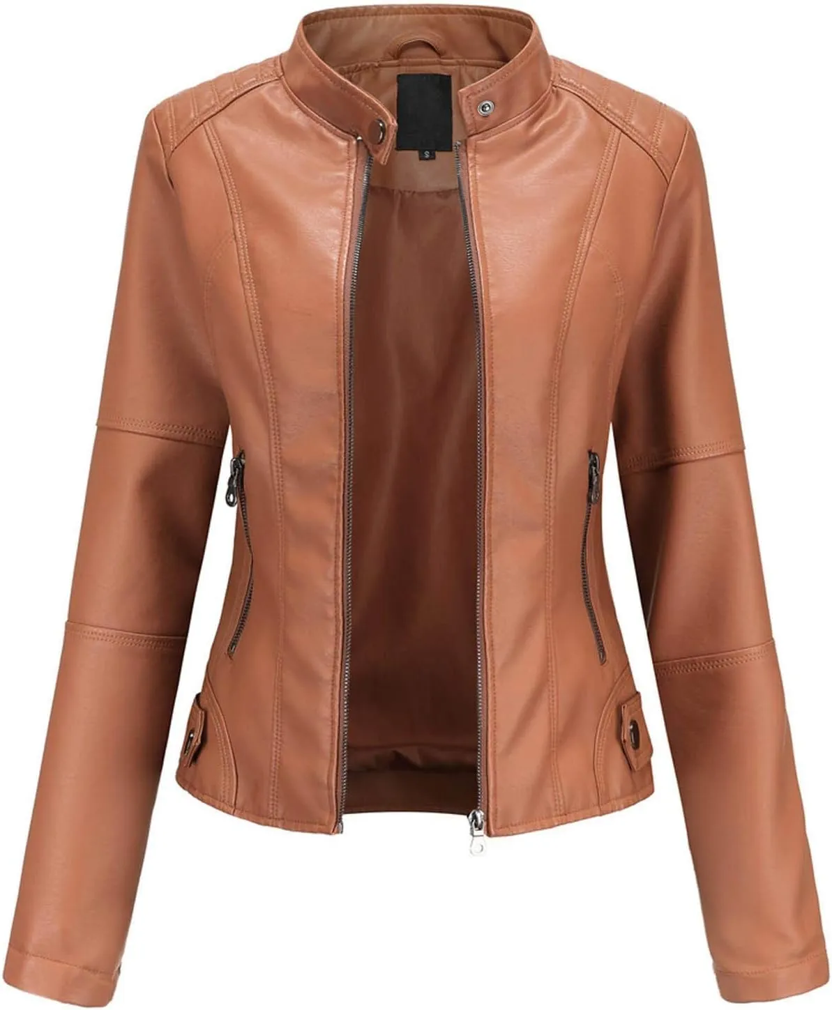 Faux Leather Jacket Women Slim Fit Full Zip Jacket Y2k Motorcycle Moto Biker Outwear Coat Stand-Up Style Solid Jacket