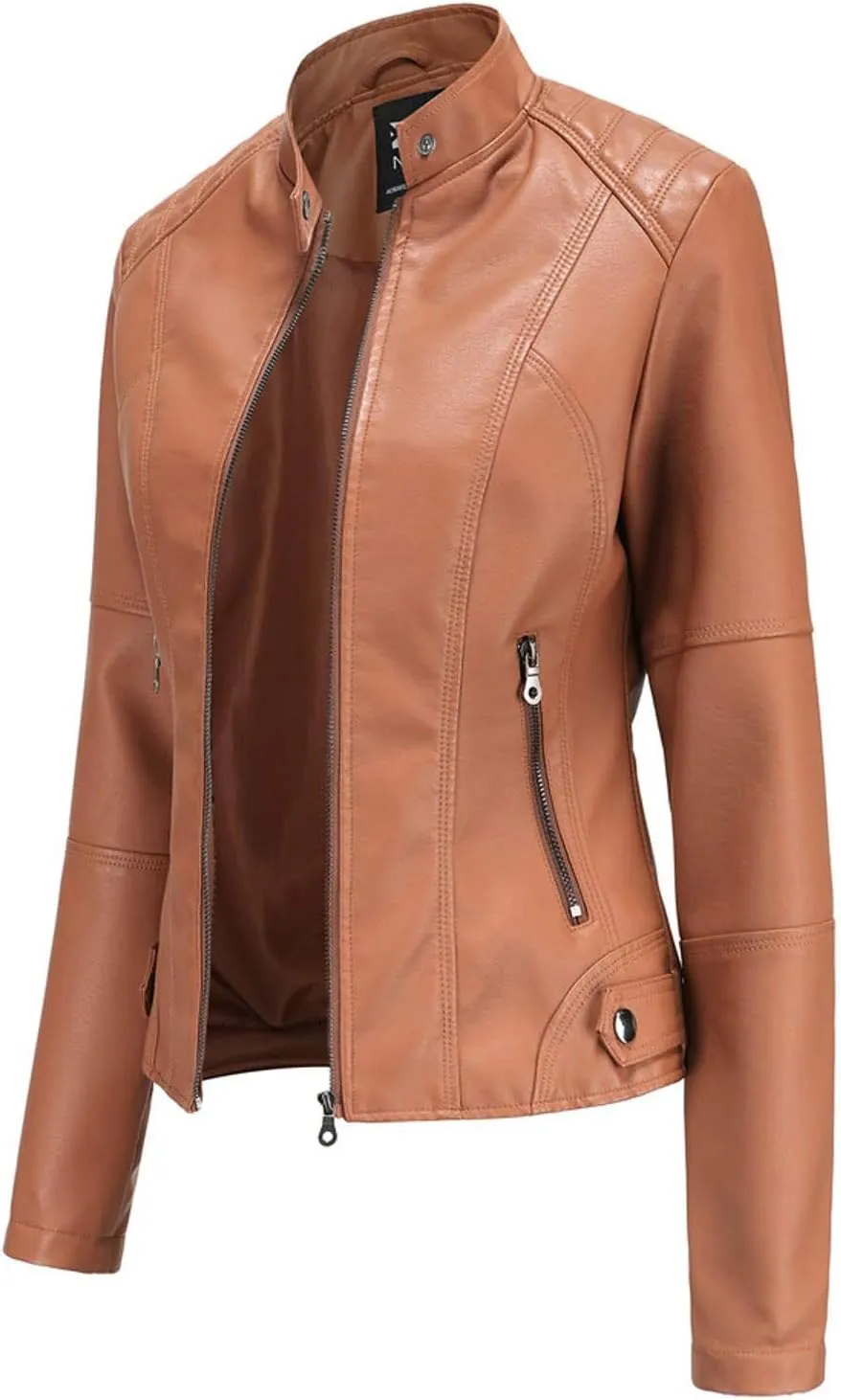 Faux Leather Jacket Women Slim Fit Full Zip Jacket Y2k Motorcycle Moto Biker Outwear Coat Stand-Up Style Solid Jacket