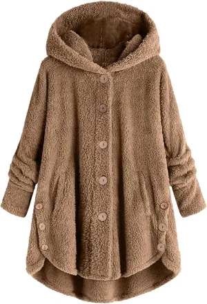 Fleece Coats for Women Plus Size Fuzzy Jacket Casual Hooded Warm Outerwear Solid Color Button Down Cardigan