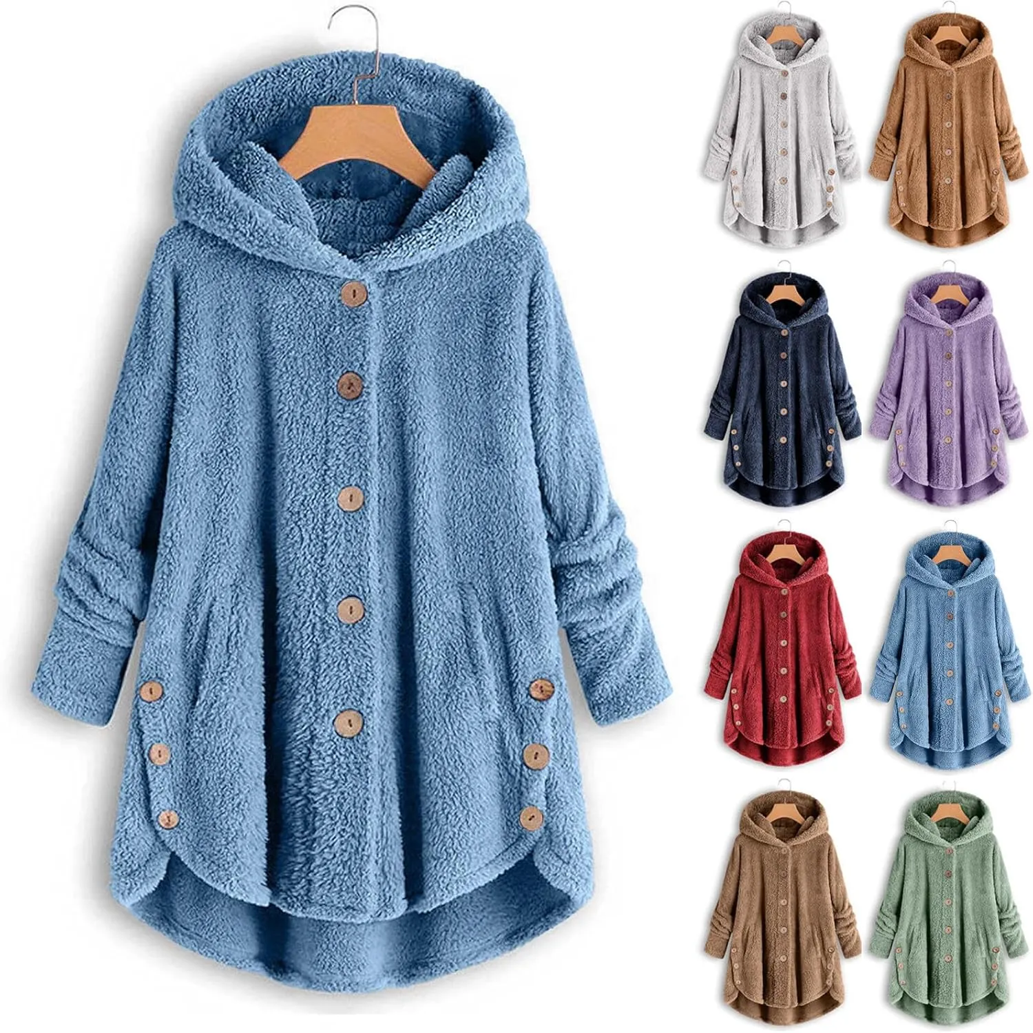 Fleece Coats for Women Plus Size Fuzzy Jacket Casual Hooded Warm Outerwear Solid Color Button Down Cardigan