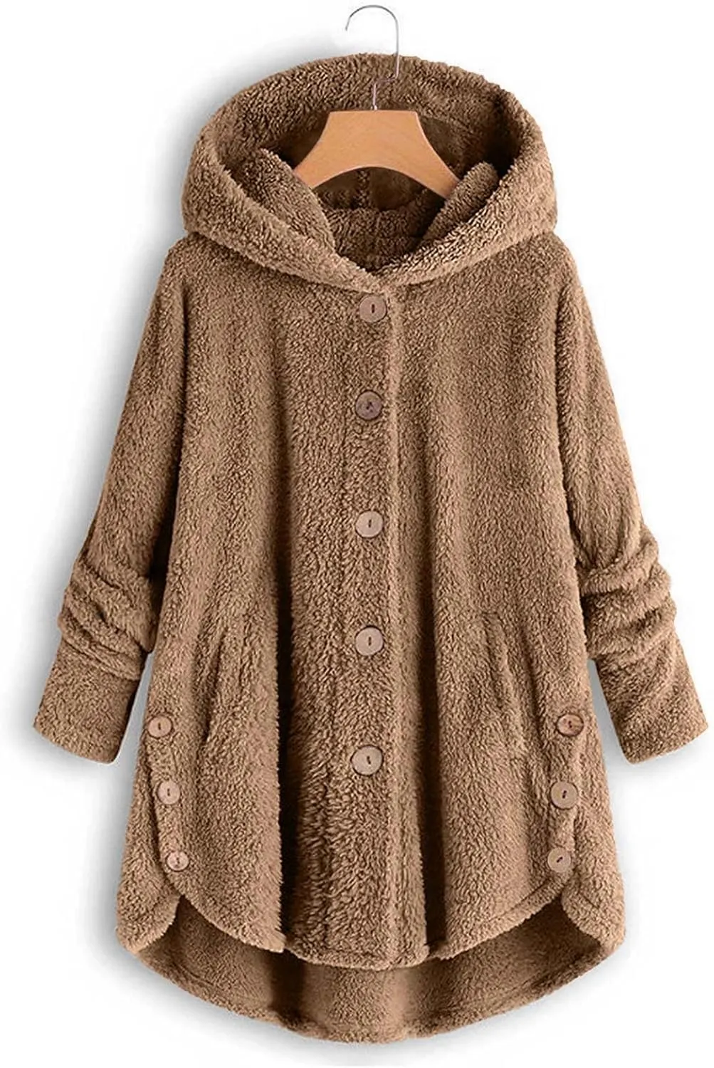 Fleece Coats for Women Plus Size Fuzzy Jacket Casual Hooded Warm Outerwear Solid Color Button Down Cardigan