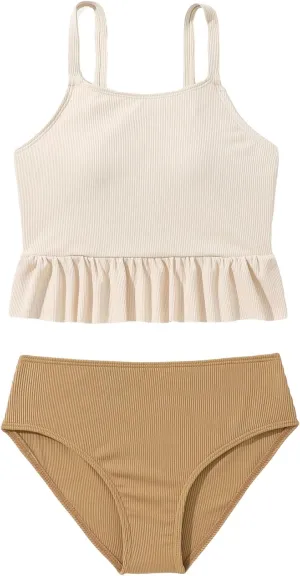 Floerns Girl's Color Block Ruffle Trim Two Piece Bikini Swimsuit