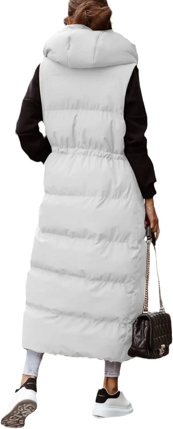 Flygo Womens Long Puffer Maxi Length Vest Quilted Padded Vests Sleeveless Hooded Insulated Down Jackets Outerwear