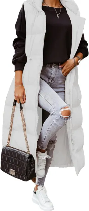 Flygo Womens Long Puffer Maxi Length Vest Quilted Padded Vests Sleeveless Hooded Insulated Down Jackets Outerwear