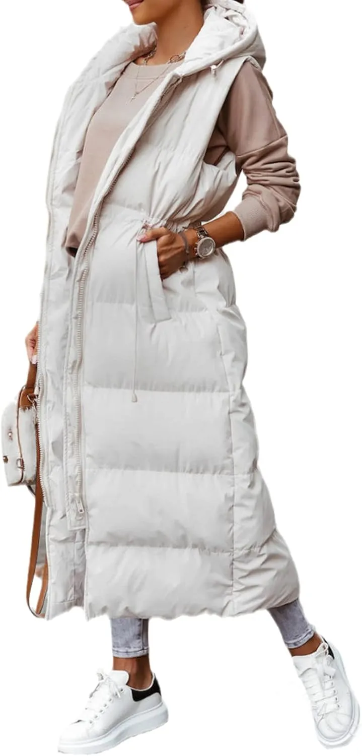 Flygo Womens Long Puffer Maxi Length Vest Quilted Padded Vests Sleeveless Hooded Insulated Down Jackets Outerwear