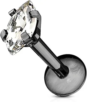 Forbidden Body Jewelry Tragus Earring, Labret Jewelry 16g, Tragus Piercing Jewelry Surgical Steel, Internally Threaded Surgical Steel Marquise CZ Labret Stud (Pick Color/Length)
