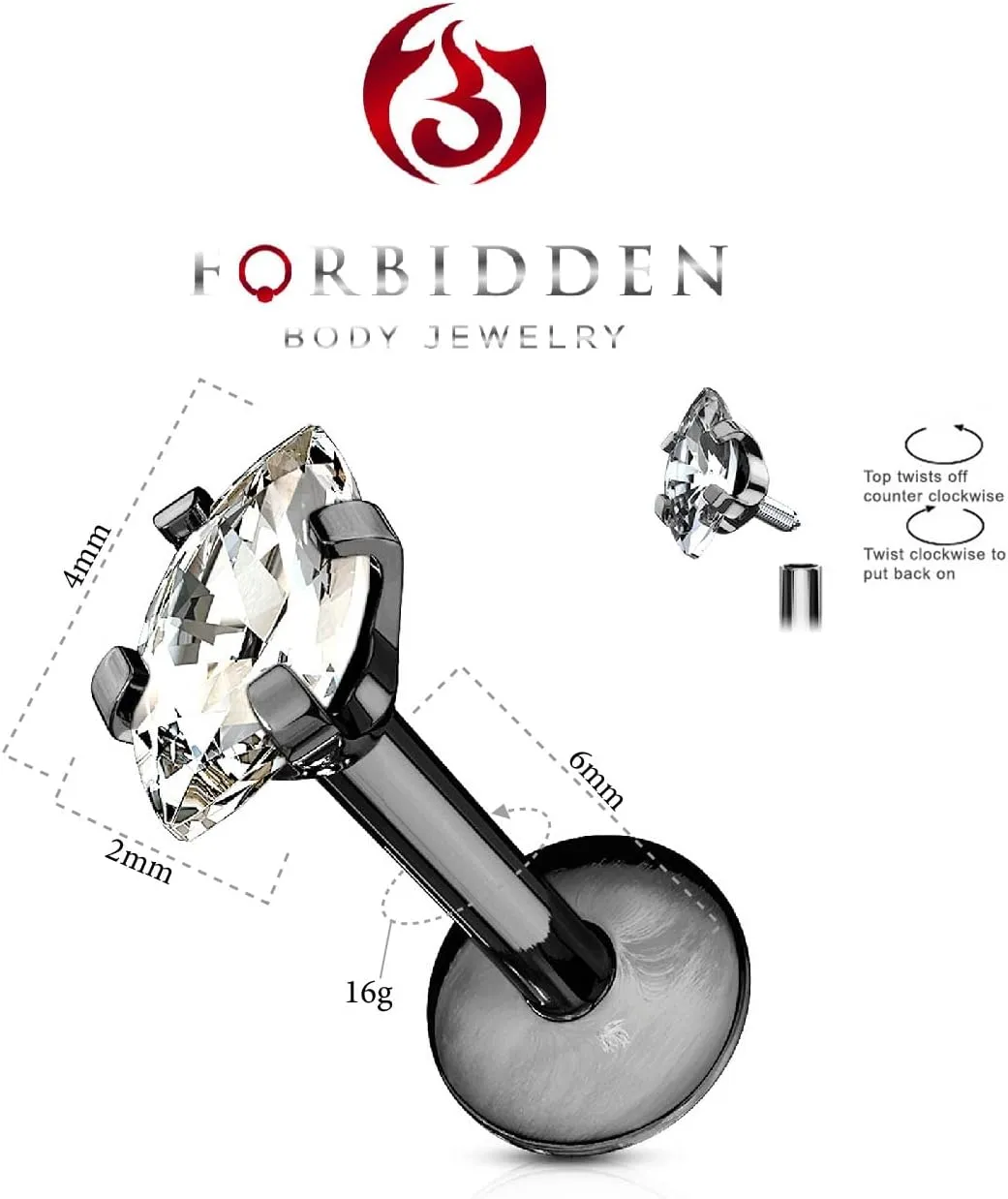 Forbidden Body Jewelry Tragus Earring, Labret Jewelry 16g, Tragus Piercing Jewelry Surgical Steel, Internally Threaded Surgical Steel Marquise CZ Labret Stud (Pick Color/Length)