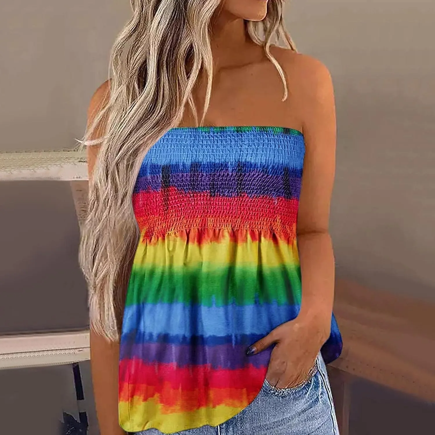 FRMUIC Womens Tube Tops Pleated Stretch Strapless Tanks Top Backless Sexy Casual Bandeau Top Summer Tunic Tanks Blouse Shirt