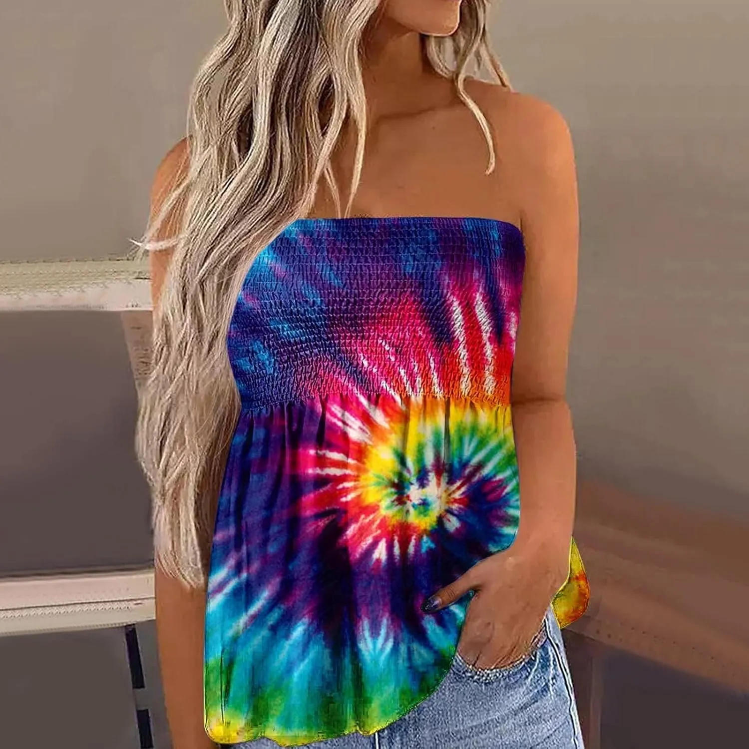FRMUIC Womens Tube Tops Pleated Stretch Strapless Tanks Top Backless Sexy Casual Bandeau Top Summer Tunic Tanks Blouse Shirt