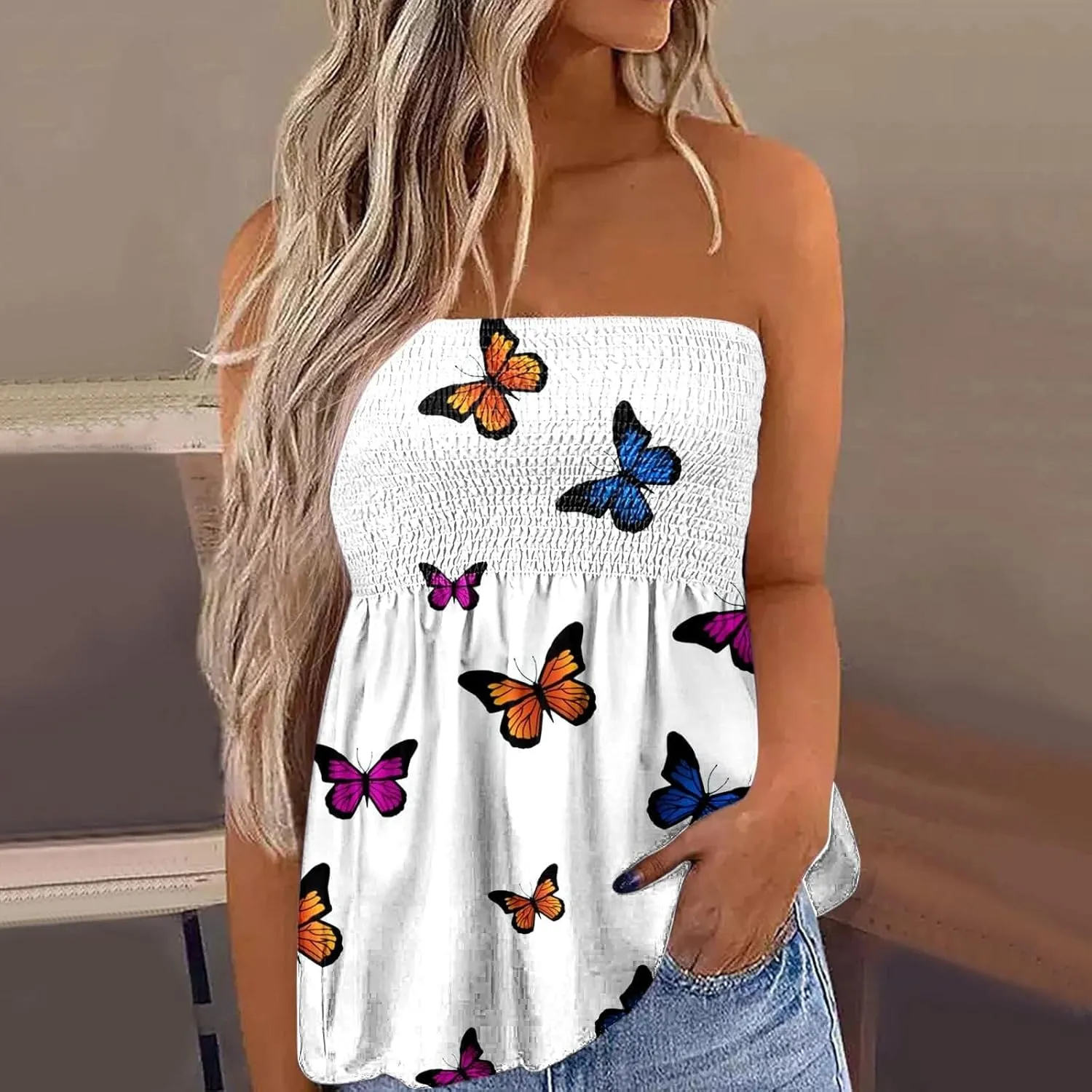 FRMUIC Womens Tube Tops Pleated Stretch Strapless Tanks Top Backless Sexy Casual Bandeau Top Summer Tunic Tanks Blouse Shirt