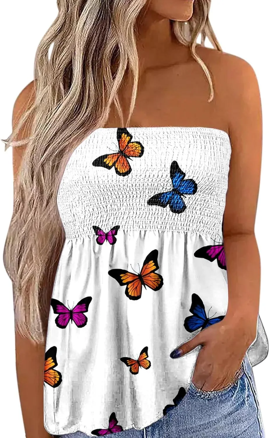 FRMUIC Womens Tube Tops Pleated Stretch Strapless Tanks Top Backless Sexy Casual Bandeau Top Summer Tunic Tanks Blouse Shirt