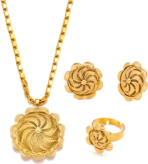 Gold Plated Ethiopian Jewelry Sets for Women Copper Material Habesha Pendant Earrings Ring Jewelry