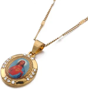 Gold Plated Jesus Pendant Christian Jewelry Enamel Blessed Jesus Image Necklace Jewelry (A)