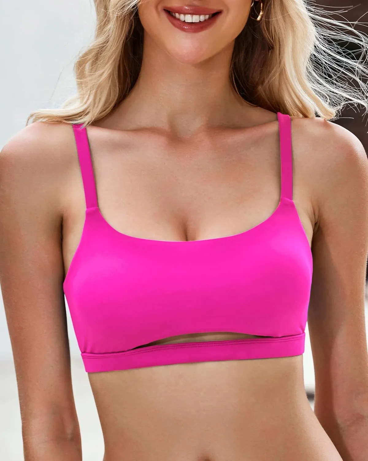 GRAPENT Bikini Tops for Women Cropped Tankini Tops Beach Padded Cut Out Adjustable Spaghetti Straps Swimwear Top Only