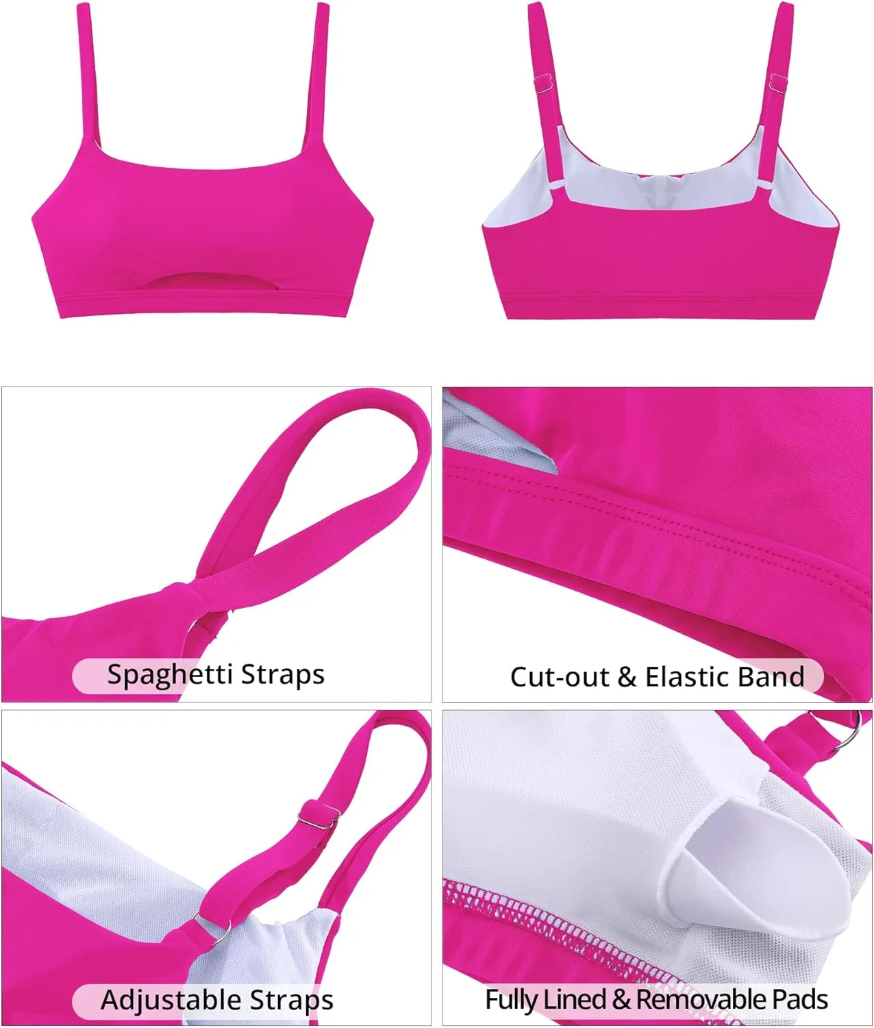 GRAPENT Bikini Tops for Women Cropped Tankini Tops Beach Padded Cut Out Adjustable Spaghetti Straps Swimwear Top Only