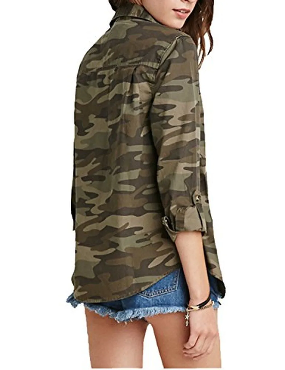HaoDuoYi Women Casual Military Camouflage Lightweight Button Tops Shirt