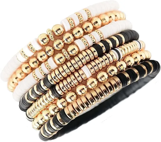 Heishi Clay Bead Bracelets for Women Bohemian Stackable Gold Beaded Stretch Bracelets Elastic Layering Friendship Bracelets Gifts