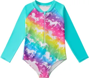 HILEELANG Little Girls Long Sleeve Rash Guard Swimsuit Sun Protection Half Zip One Piece Bathing Suit 3-10 Years