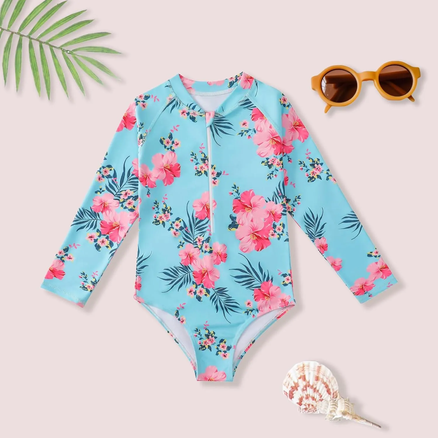 HILEELANG Little Girls Long Sleeve Rash Guard Swimsuit Sun Protection Half Zip One Piece Bathing Suit 3-10 Years