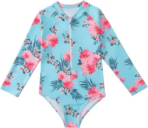 HILEELANG Little Girls Long Sleeve Rash Guard Swimsuit Sun Protection Half Zip One Piece Bathing Suit 3-10 Years