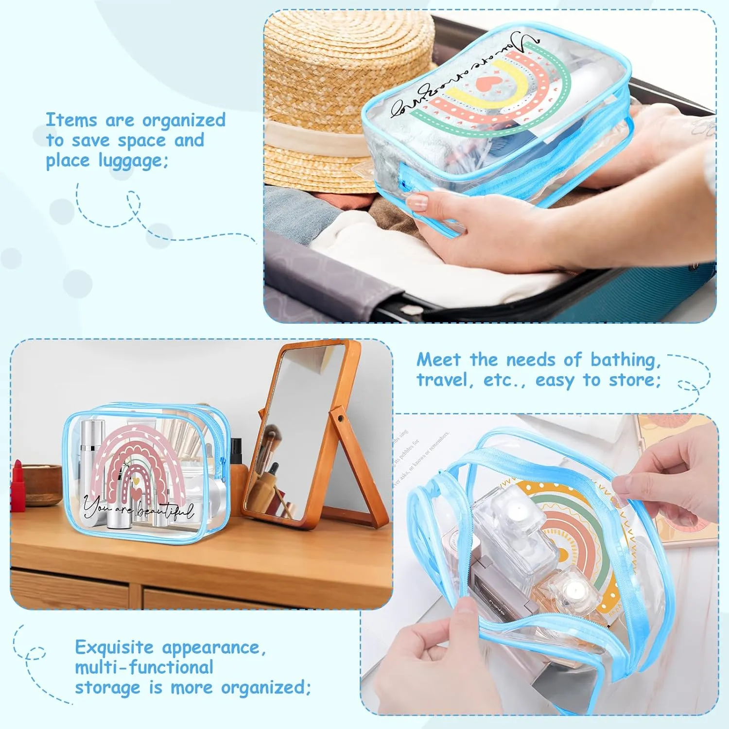 Hillban 12 Pcs Rainbow Clear Makeup Bag for Women Inspirational Quotes PVC Waterproof Cosmetic Bags Encouragement Travel Toiletry Pouch for Graduation Teacher Student Nurse Gifts(Blue)