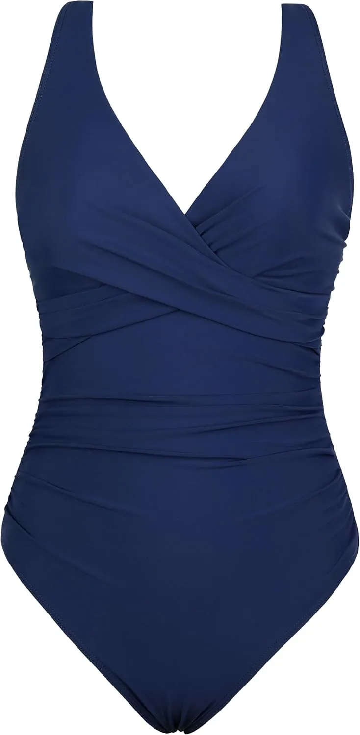 Hilor Women's Underwire One Piece Swimsuits Twist Front Ruched Tummy Control Bathing Suits Crossback Swimwear