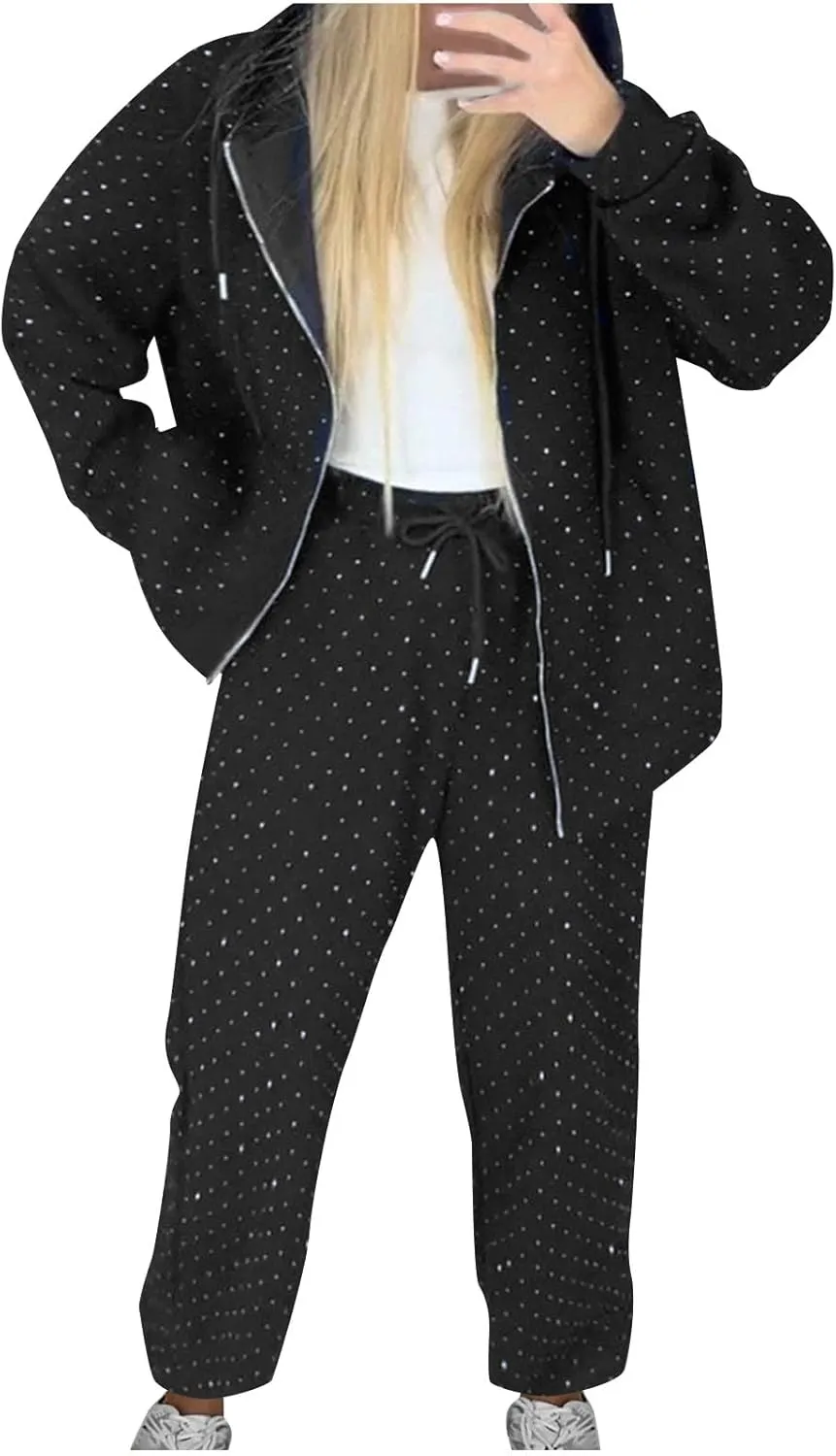 hlysgo Women's 2 Piece Workout Set Full Zip Long Sleeve Hooded Jackets and Pants Rhinestone Matching Sets Clubwear Tracksuit