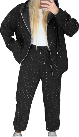 hlysgo Women's 2 Piece Workout Set Full Zip Long Sleeve Hooded Jackets and Pants Rhinestone Matching Sets Clubwear Tracksuit