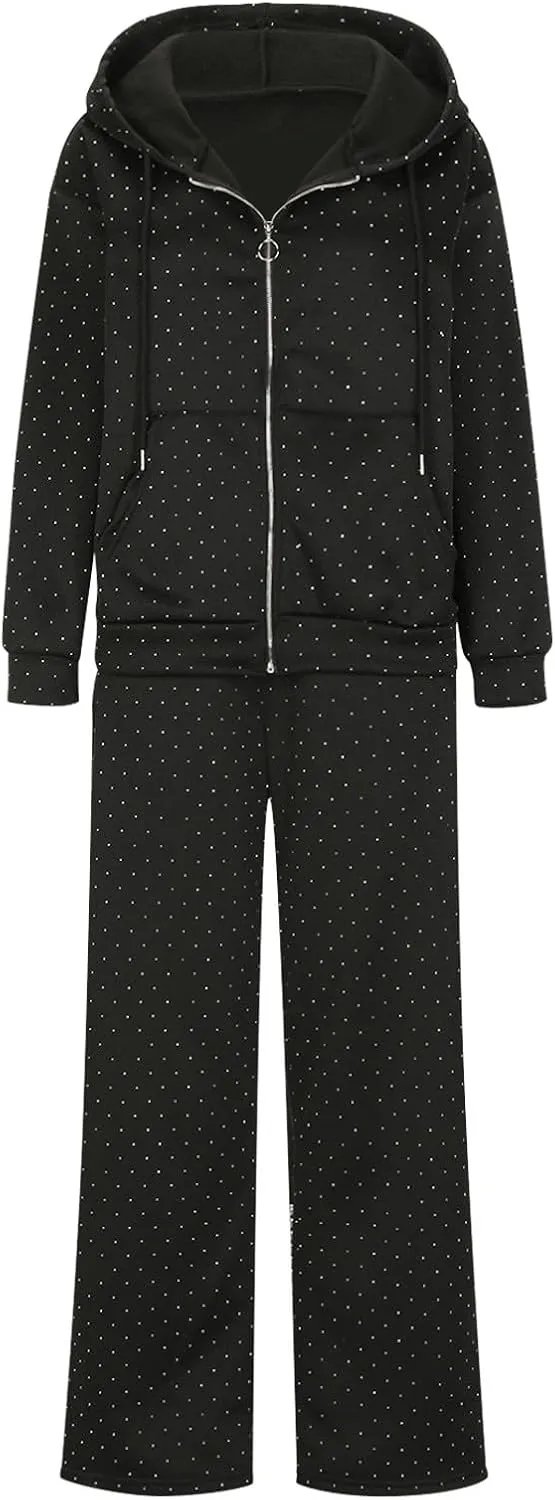 hlysgo Women's 2 Piece Workout Set Full Zip Long Sleeve Hooded Jackets and Pants Rhinestone Matching Sets Clubwear Tracksuit
