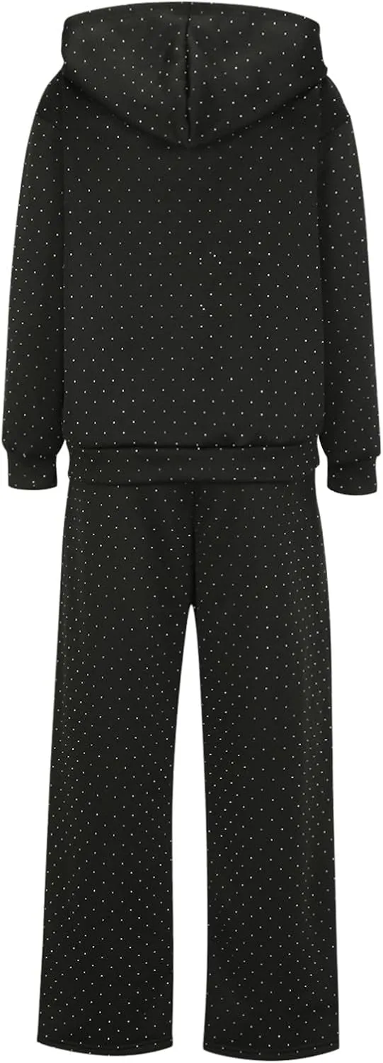 hlysgo Women's 2 Piece Workout Set Full Zip Long Sleeve Hooded Jackets and Pants Rhinestone Matching Sets Clubwear Tracksuit