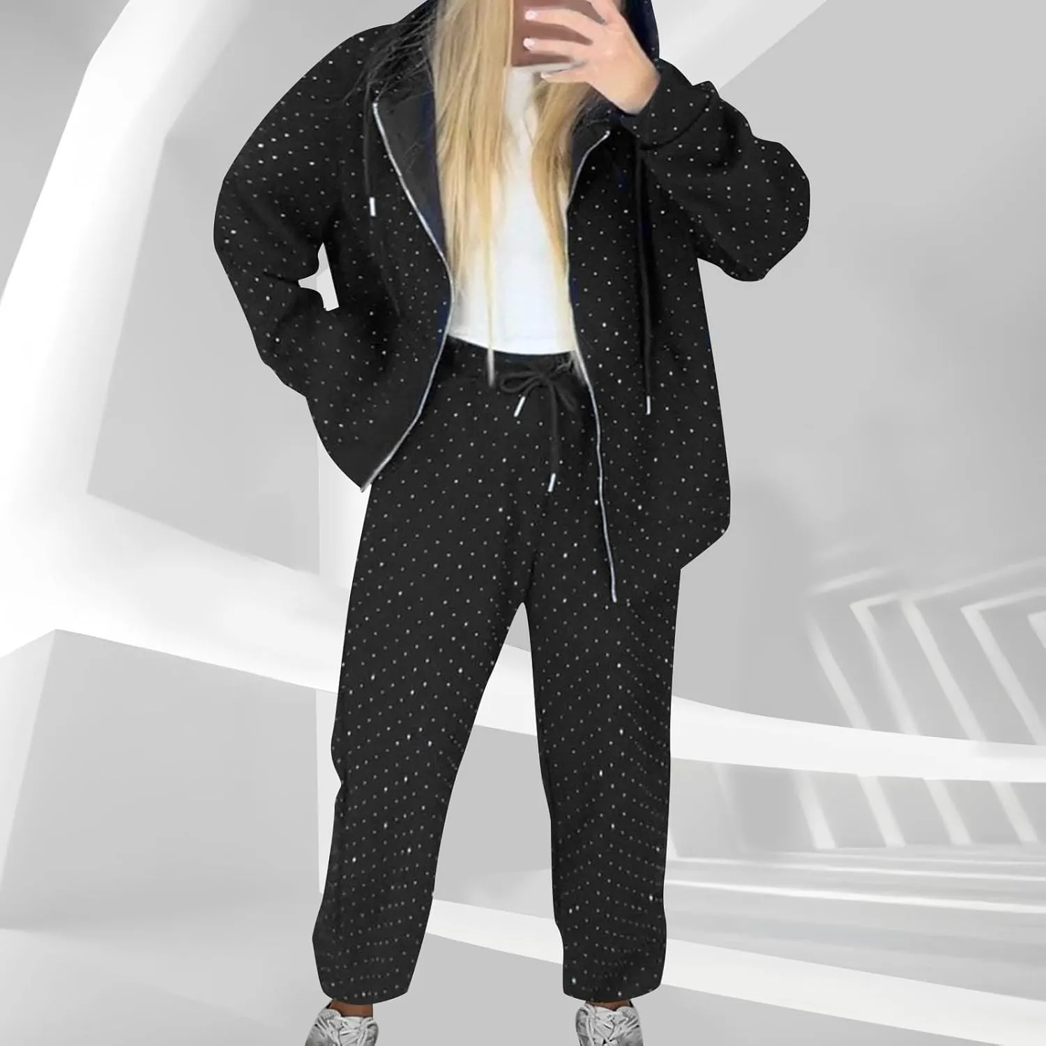 hlysgo Women's 2 Piece Workout Set Full Zip Long Sleeve Hooded Jackets and Pants Rhinestone Matching Sets Clubwear Tracksuit