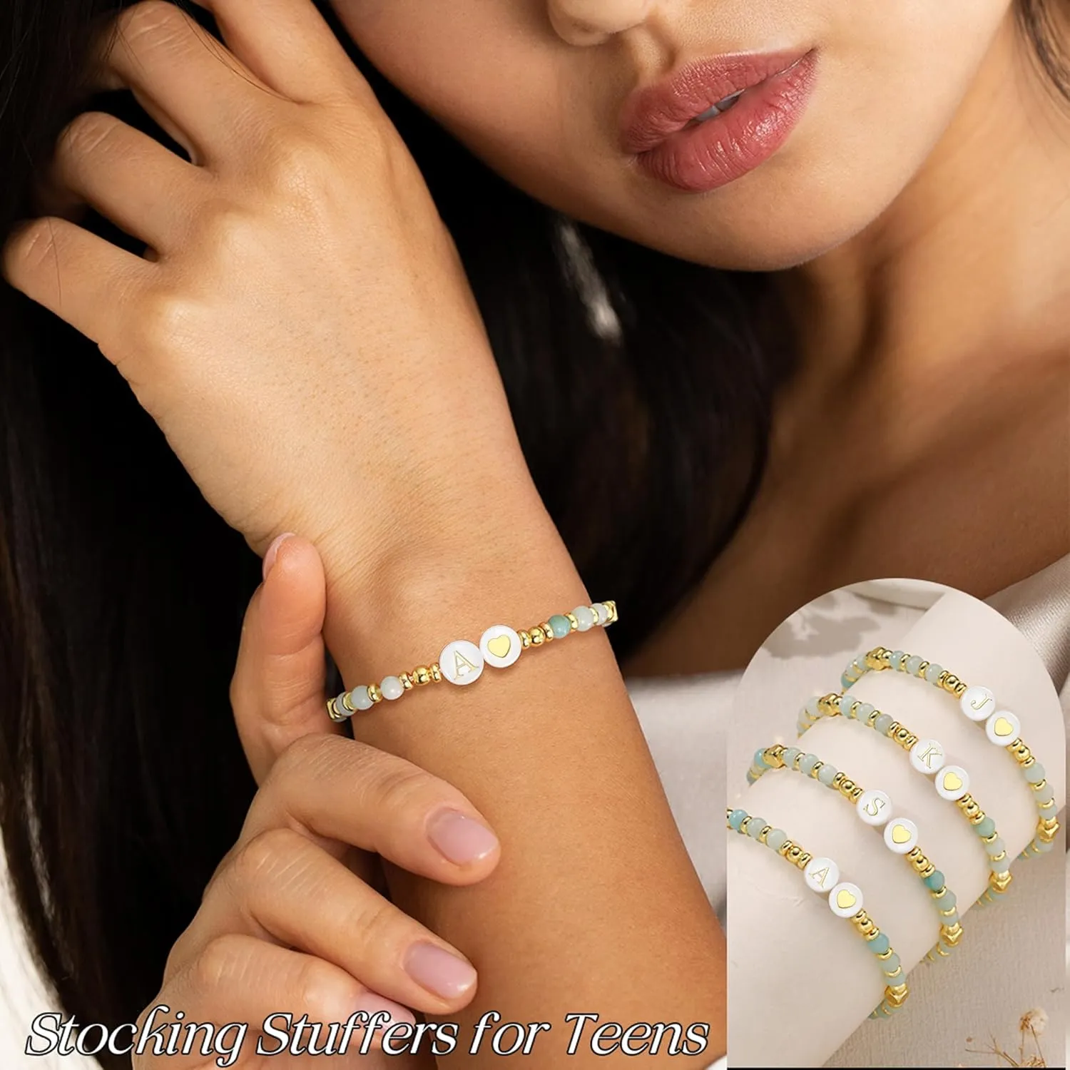 Initial Bracelet for Women, Gold Beaded Bracelets with Initial Womens Gifts for Christmas Trendy Stuff Stocking Stuffers for Teens Gemstone Initial Bracelet Christmas Gifts for Her Adjustable Link Letter A-Z Anniversary Jewelry